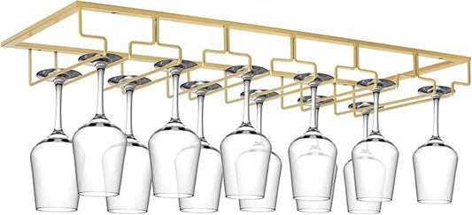 Xverycan Wine Glass Rack Under Cabinet, 6 Row Extreme Large Stemware Hanger, Metal Wine Goblet Holder, DIY Bar Glass Storage Rack for Bar Counter, Kitchen, Screws Included (Gold)
