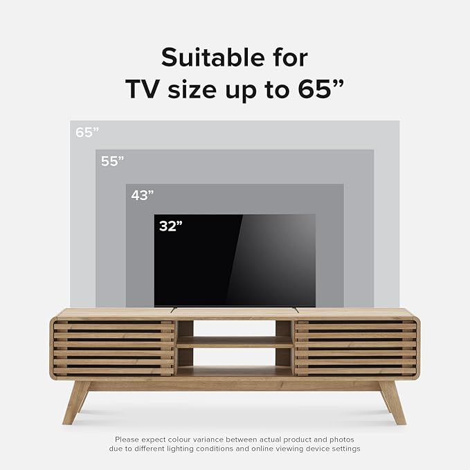 mopio Ensley 59" TV Stand with Slatted Door, Mid Century Modern Entertainment Center for 55/60/65 inch TV, Farmhouse Media Console with Storage, Adjustable Shelves, Round Edges, Living Room (Oak)