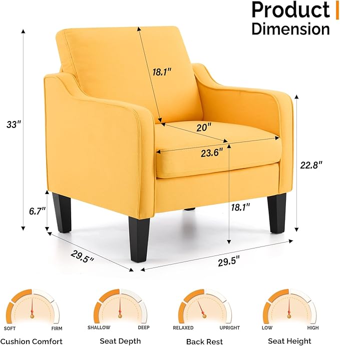VINGLI Chair Yellow Upholstered Linen Accent Chair for Living Room, Bedroom, Mid-Century Modern Arm Chair Comfy Reading Chair with Scooped Arms