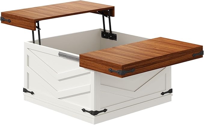 UNIQUITE 31.5'' Lift Top Coffee Table, Sliding Top Square Center Table with Large Hidden Storage Organizer, Multi-Functional Farmhouse Coffee Tables for Living Room, Bedroom, Home Office, White
