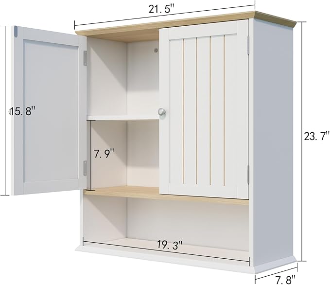 Viaozutis Over The Toilet Bathroom Wall Cabinet with 2 Doors and Open Shelf, Wooden Space Saving Storage Cabinet, Medicine Cabinet for Bathroom Organization, White