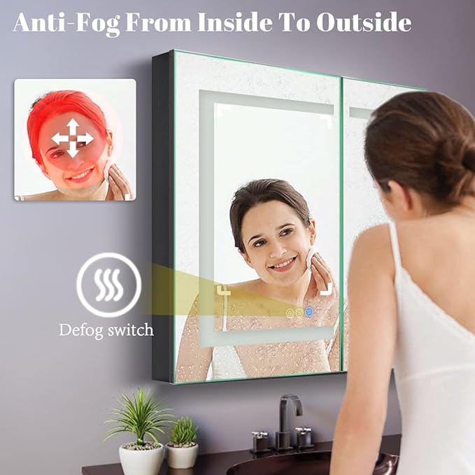 Lighted Medicine Cabinet with Mirror Outlet,30 X 26 Inch,Recessed Or Surface-Mounted Led Medicine Cabinet Mirror for Bathroom Storage,Interior Light, Double Door,Defog,Stepless Dimming