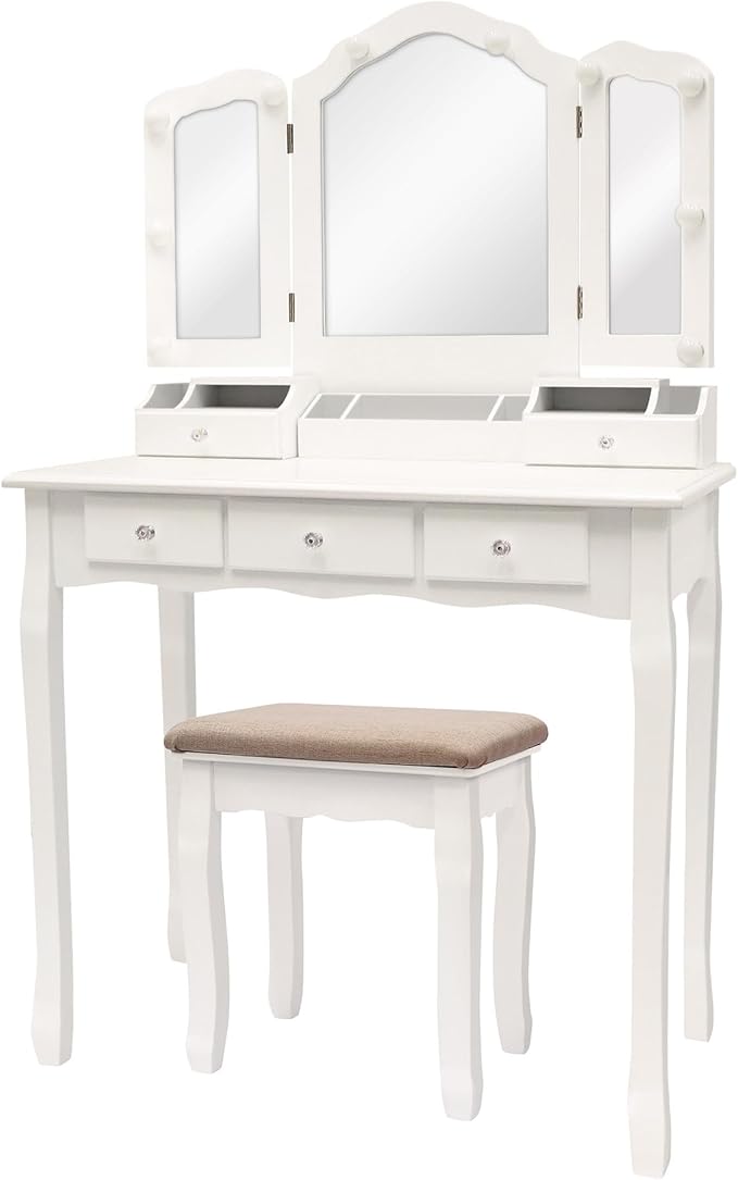 NEDYO Vanity Table, Vintage Vanity Desk with Mirror and Lights, Tri-Fold Mirror Small Makeup Vanity with Chair, Vanity Set for Bedroom and Small Spaces. White