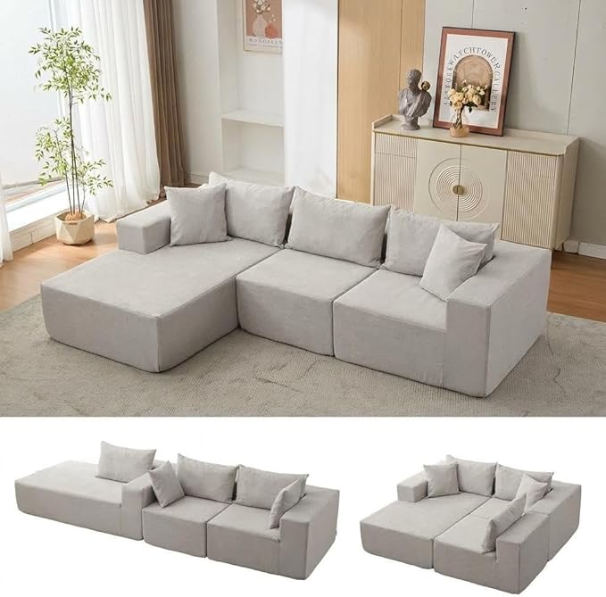 Garvee 108" Modular Sectional Sofa,Cloud Couch Sectional with Left Chaise | Compressed l Shaped Sofa for Living Room | Boneless Couch & Sofa Bed Design,No Assembly Required, Beige