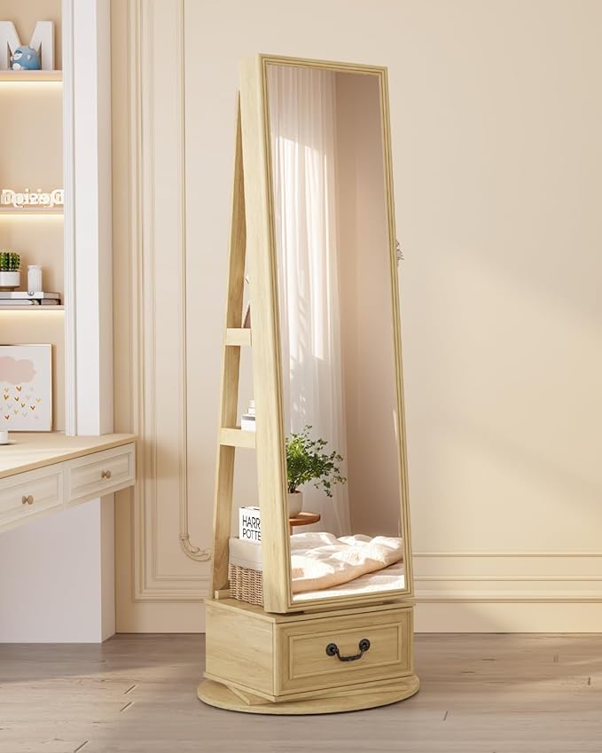 Vlsrka Mirror Jewelry Cabinet Standing, 360° Swivel Jewelry Armoire with Full Length Mirror, Lockable Mirror with Jewelry Storage, 3-Color LED Lights, Foldable Makeup Shelf