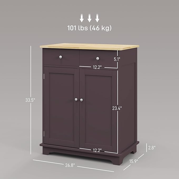 HOMCOM Sideboard Buffet Cabinet with Solid Wood Countertop, Modern Kitchen Storage Cabinet, Coffee Bar Cabinet with 2 Drawers, Doors and Adjustable Shelf, Coffee