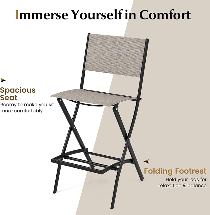 COSTWAY Outdoor Patio Bar Chair Set of 2, Folding Counter Height Stool with Metal Frame & Footrest, Patio Bar Stool for Balcony, Garden & Poolside (2, Coffee)