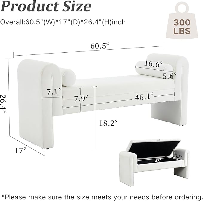 Modern Bench for Bedroom End of Bed, 60.5" Velvet Upholstered Rolled Armed Stool Bench, Ottoman Long Bench with 2 Pillows for Entryway/Bedroom/Hall/Living Room (White-60.5 Inch)