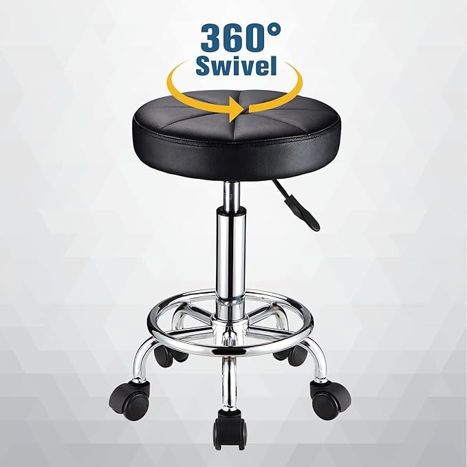 HMTOT Round Rolling Stool with Wheels Height Adjustable Swivel Stool Chair for Spa Salon Massage Black