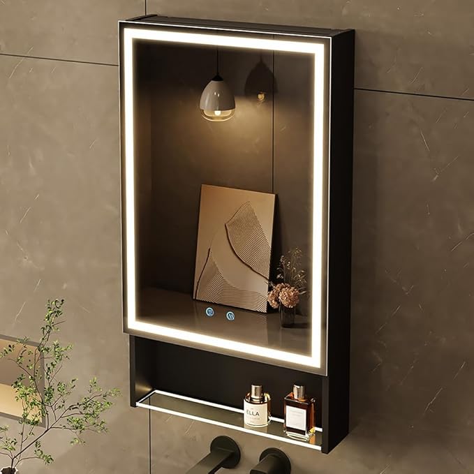20"×34" Lighted Medicine Mirror Cabinet with Storage Adjustable Brightness 3 Color Temperature Lighting Anti-Fog Sturdy Aluminum Medicine Cabinet with Lights 2 Socket & 2 USB Ports & Adjustable Shelf