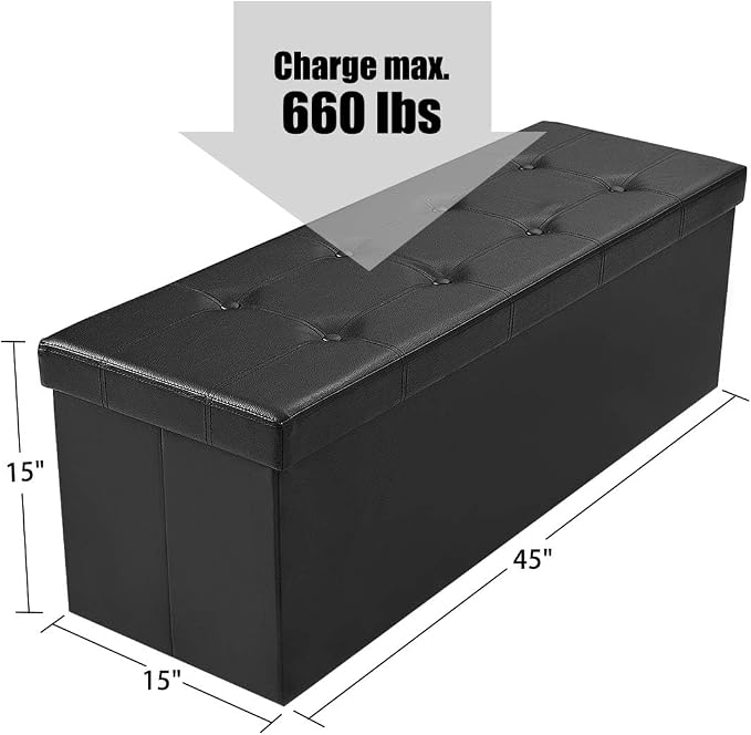Folding Storage Ottoman Bench, 45" Large Ottoman Space-Saving Bench,Faux Leather Storage Chest with Memory Foam,Footrest Padded Stool Seat for Bedroom Toy Chest, Black,Leather