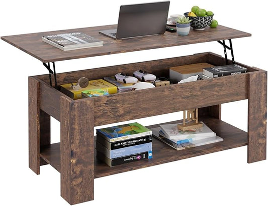 FDW Lift Top Coffee Table Coffee Table with Hidden Compartment and Storage Shelf for Living Room Reception Room 47.2in L,Brown
