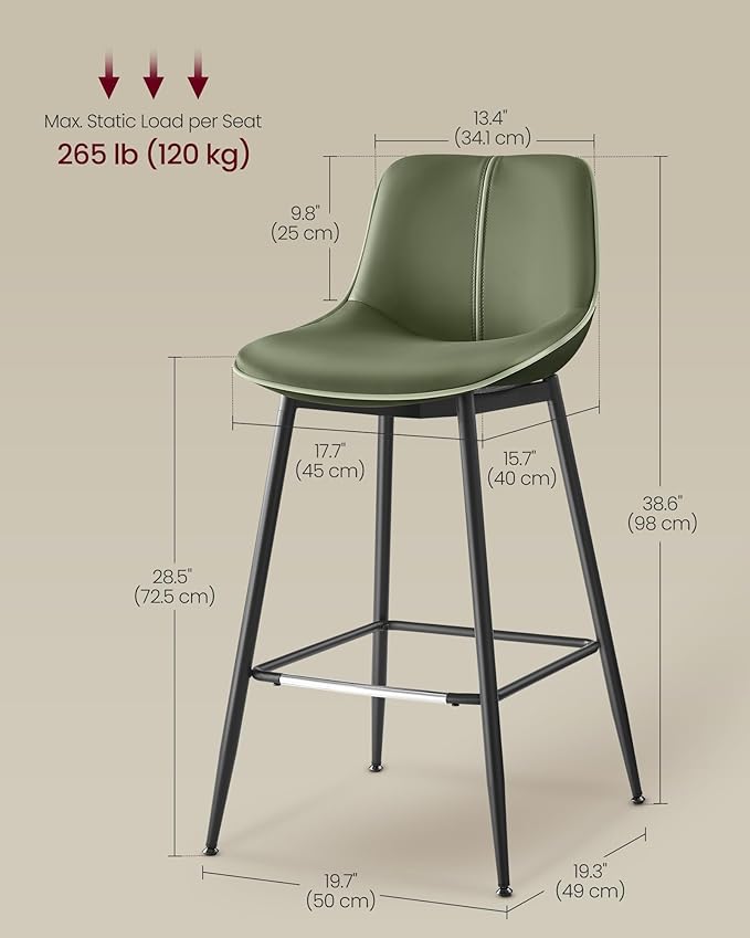 VASAGLE Bar Stools Set of 4, Bar Height Bar Stools with Back, Ergonomic Backrest, Synthetic Leather, Metal Legs, 28.5-Inch Tall Barstools for Kitchen Island Home Bar, Easy Assembly, Forest Green