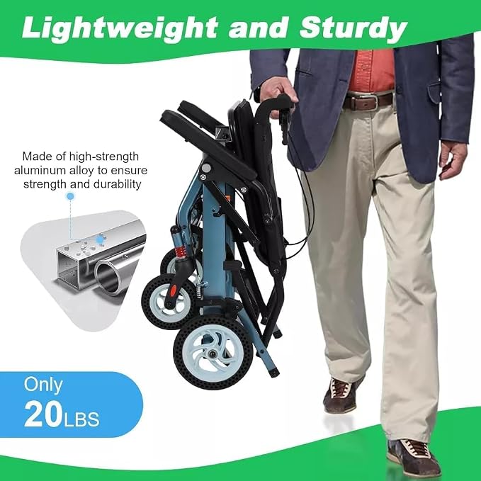 IDEALHOUSE Portable Lightweight Folding Wheelchair for Seniors, 16" Seat, Transport Chair with Flip Armrests, Swing Footrests, Locking Handbrakes, Travel Mobility Wheelchair for Elderly, Easy to Carry