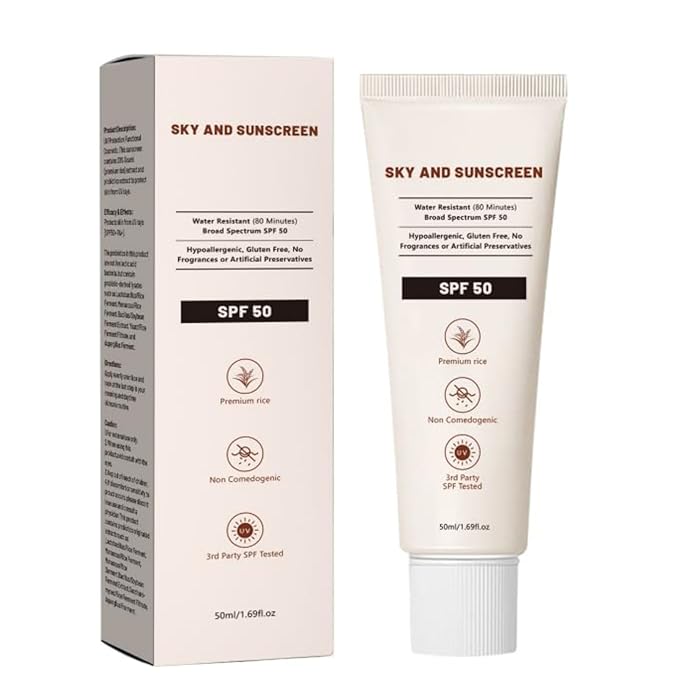 SKY AND SUNSCRN SPF 50+ with Rice Probiotics, Korean Skincare, Lightweight Non-Greasy Formula for All Skin Types, Nourishing UV Protection, 50ml (1PC)