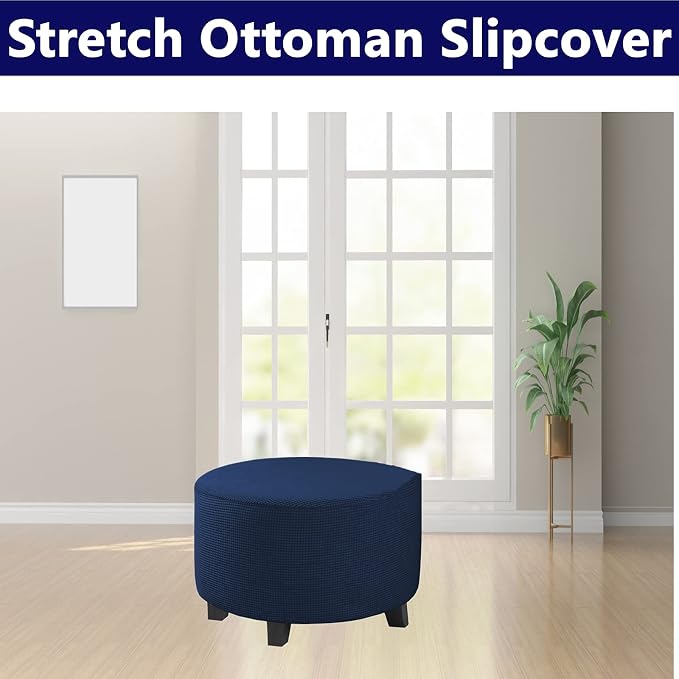 Stretch Ottoman Slipcover – Round Furniture Protector Fits 30"-41" Dia, for Footrests, Storage Ottomans & Folding Stools – Elastic Fabric Cover (Navy, X-Large)