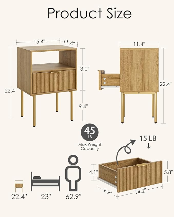 Aienvey Night Stand, Modern Nightstand with Drawers, Bedside Table, Gold Small Side Table for Bedroom, Living Room End Table (Oak Stripe, 1 Drawer)