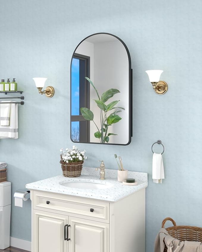 19.7"x31.5" Black Medicine Cabinet with Mirror, Arched Medicine Cabinet with Mirror for Bathroom Vanity Wall Mounted & Recessed with 1 Organizer, 2 Stable and Removable Shelves, Easy Installation