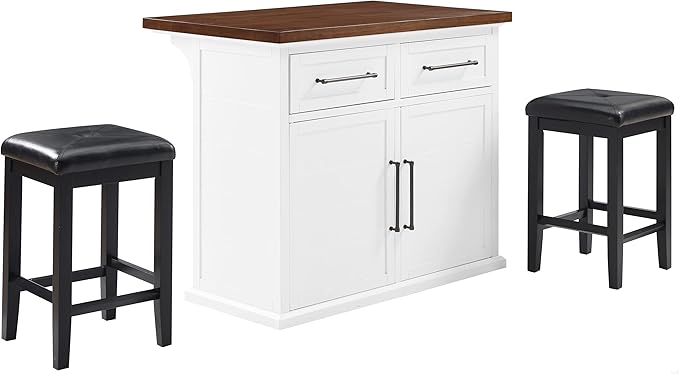 Crosley Furniture Bartlett Kitchen Island with Wood Top and Upholstered Square Stools, White/Black