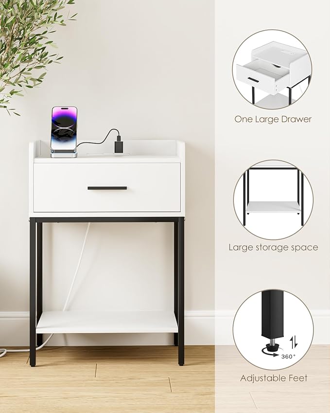 Nightstand with Charging Station, Modern Bedside Table with Drawer and Legs,White and Black Night Stand with Open Shelf, Narrow Side Table for Bedroom, Living Room