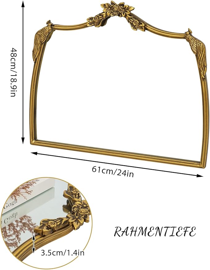 Gold Baroque Mirror Antique 19x24 Inches - Vintage Arched Mirror with Ornate Gold Frame for Entryway, Narrow Hallway & Bathroom Wall Decor