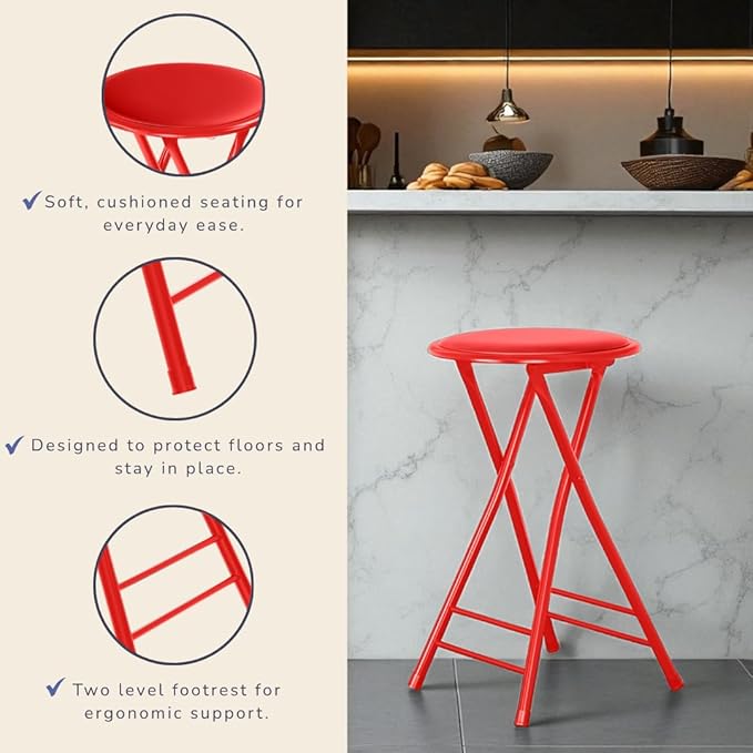 Lavish Home Folding Stool - Backless 24-Inch Stool with 225lb Capacity for Kitchen or Rec Room - Portable Indoor Counter Bar Stools (Red)