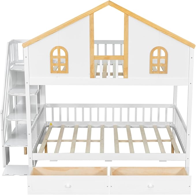 Full Over Full Bunk Bed with Drawers and Storage Stairs, House Castle Bed with Roof and Windows, Bookshelf, Space Saving for Kids, Boys, Girls, Adults, White