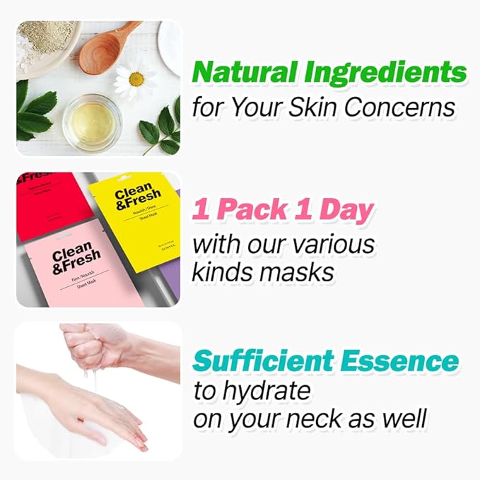 EUNYUL Clean & Fresh Sheet Mask Set, Pack of 10, 0.74 fl oz Each, Korean Facial Sheet Masks Variety Pack for Daily Skincare