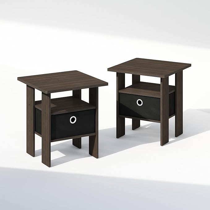 Furinno TIDUR Night Stand Set of 2, Open Shelf Design Nightstand with Storage Bin, Bedside Table, End Table, Side Table, for Bedroom, Closet, Dorm, Dark Brown