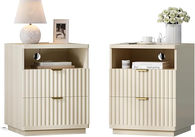 Night Stand Set 2, Nightstand with Charging Station, Night Stand with Open Shelf and 2 Drawers for Bedroom, Side Table Bedside Table with USB Ports & Outlets, Small Nightstand End Table