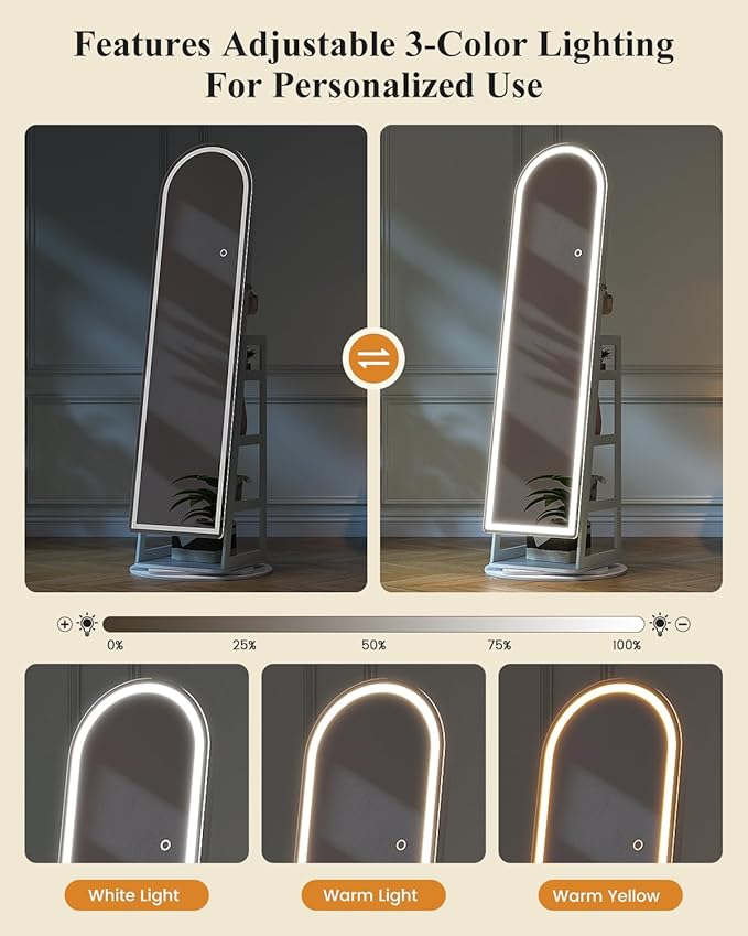 LVSOMT LED Arched Mirror Jewelry Cabinet Standing, Lockable Jewelry Armoire, Full-Length Mirror with Storage, Space-Saving Jewelry Organizer Mirror, Foldable Makeup Shelf, Gift for Women(LED White)