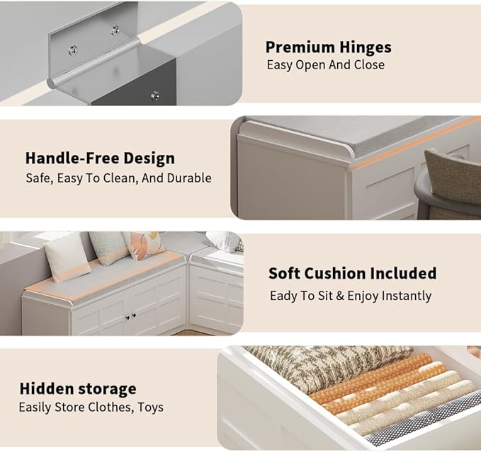 U-Shape Storage Bench with Cushion, Farmhouse Corner Dining Bench, Kitchen Breakfast Nook Bench with Hidden Storage, Convertible to Two L-Shapes, White for Dining Room Entryway Cloakroom