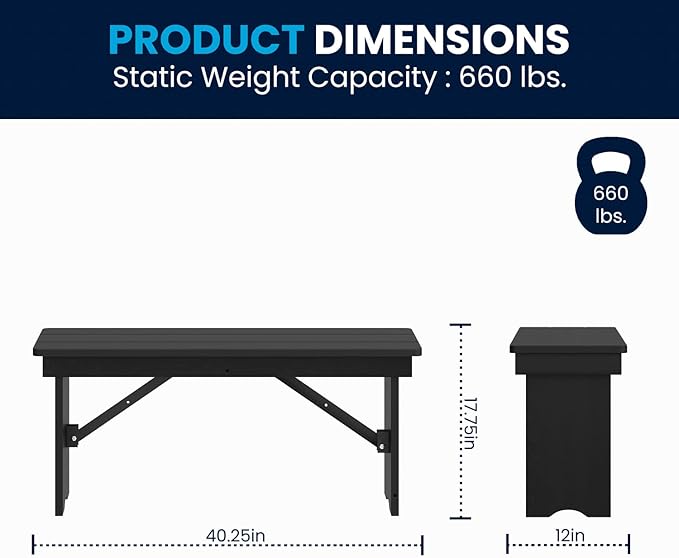 Flash Furniture Hercules Commercial Farmhouse Folding Bench, Antique Solid Pine Entryway Bench, Foldable Locking Legs, 40" x 12", Black Wash