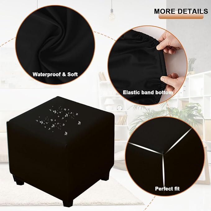 Waterproof Ottoman Cover Square Stretch PU Soft Folding Storage Ottoman Cover with Elastic Bottom Cube Footrest Foot Stool Slipcovers Machine Washable(Medium/Black)
