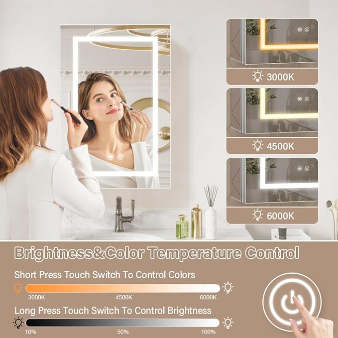 LED Medicine Cabinet,Bathroom Mirror Cabinet with Lights,16×24inch,Equip with Internal Light,Aluminum Construction,USB Shaver Socket,3 Color,Dimmer,Demister,Surface Mounted and Recess Mounted