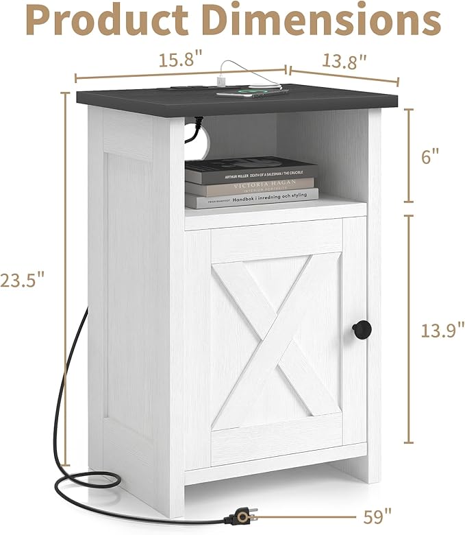 Farmhouse End Table Set of 2 w/Charging Station, Nightstands w/Barn Door&Storage Shelf, Rustic Bedside Table for Living Room, Bedroom, Entryway, Office, Small Spaces, White