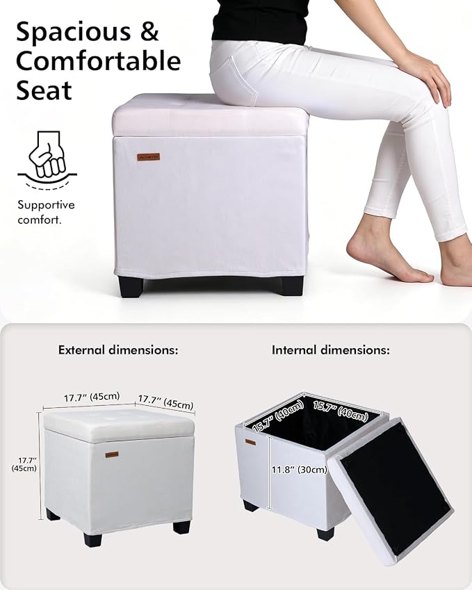 ABHENG Chenille Cover Steel Frame Ottoman with 48L Storage,17.7" x 17.7" x 17.7" Square Linen Storage Ottoman Stool Cube with Legs,for Dorm Livingroom White UASND641W