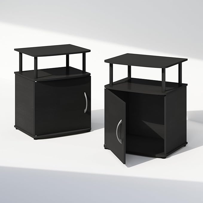 Furinno TIDUR Night Stand Set of 2, Nightstand with Open Shelf and Door Cabinet, Round Corner Bedside Table, End Table, Side Table, for Bedroom, Closet, Dorm, Black