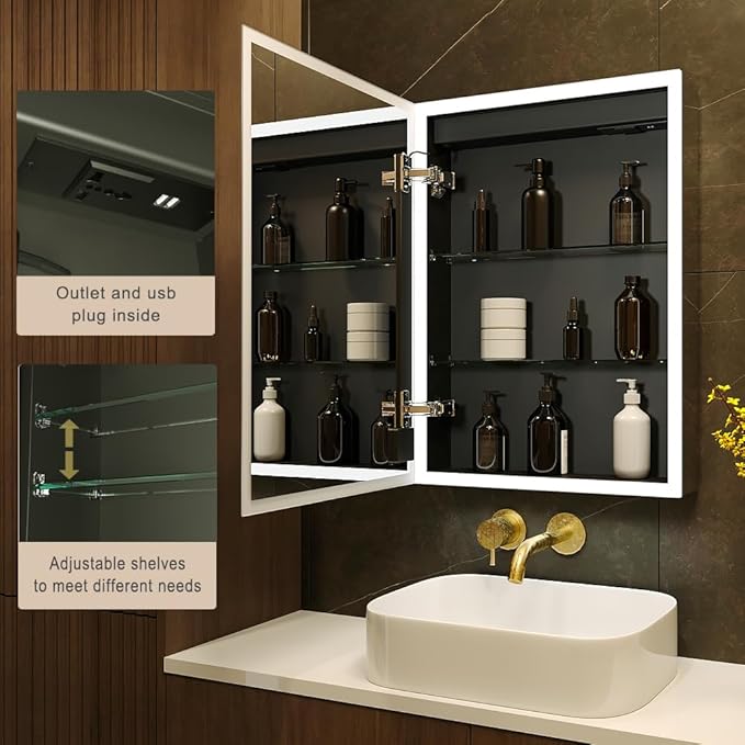 KWW LED Lighted Bathroom Medicine Cabinet with Sockets & USBs, Dimmable, 3 Color Light Makeup Mirror, Easy to Install, Wall Mounted Cabinet (Left hinge-20 * 28)