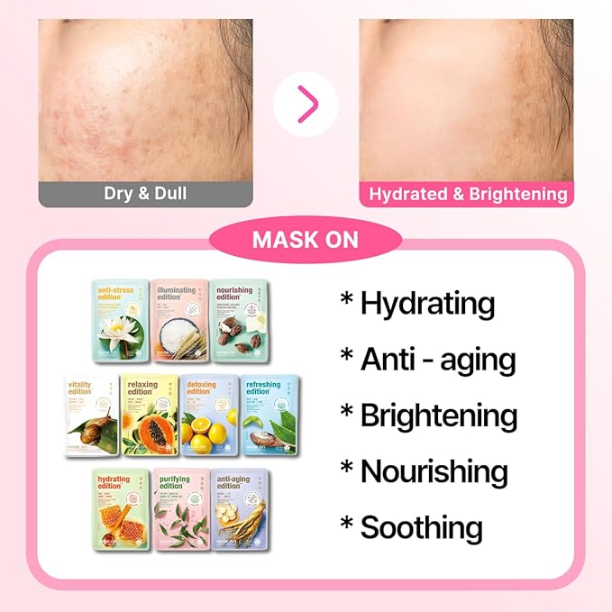 [MASK ON] Korean Moisturizing Face Masks Skincare (20 PACK) – Hydrating & Anti-aging Daily Care Facial Mask Bulk for All Skin Type with 10 Natural Ingredients - Great for Self care & Gift Box
