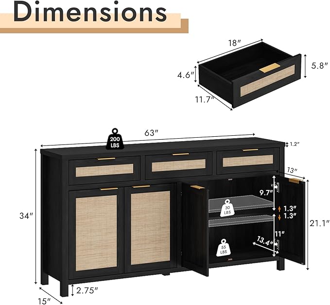 HOKYHOKY Rattan Sideboard Buffet Cabinet, Boho Storage Cabinet with Adjustable Shelves, Farmhouse Credenza Coffee Bar Cabinets with 4 Doors & 3 Drawers for Living Room, Hallway & Kitchen