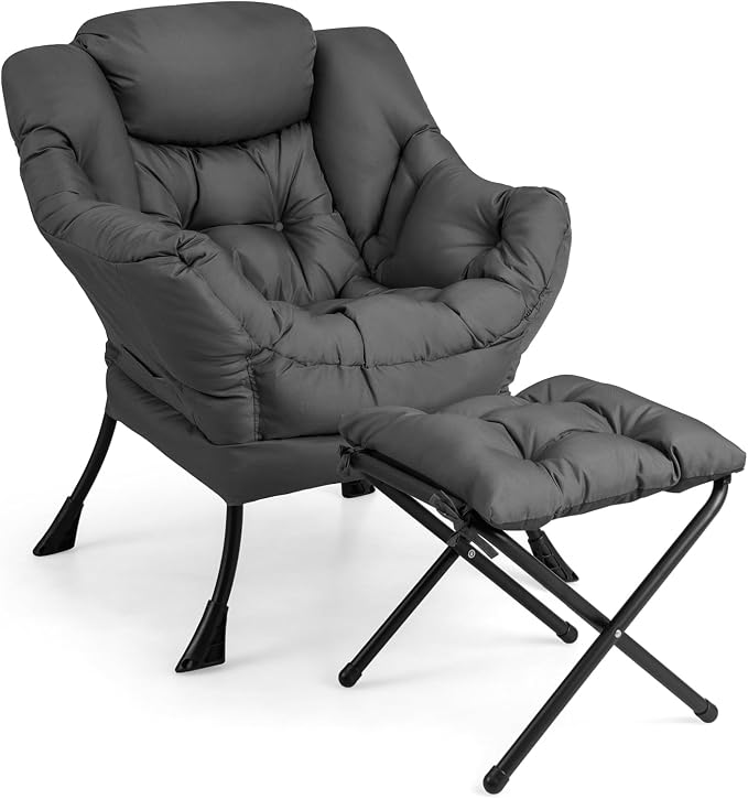 Giantex Lazy Chair with Ottoman, Accent Sofa Chair with Folding Footrest, Side Storage Pocket, Upholstered Leisure Lounge Armchair with Stool for Bedroom, Living Room, Office, Gray