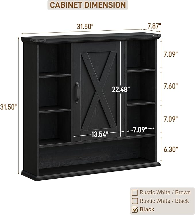 Halitaa Bathroom Wall Cabinet, Farmhouse Medicine Cabinet with Adjustable Shelves and Barn Doors, Large Wall Mounted Over the Toilet Storage Cabinet for Bathroom, Laundry Room, Kitchen, Rustic Black