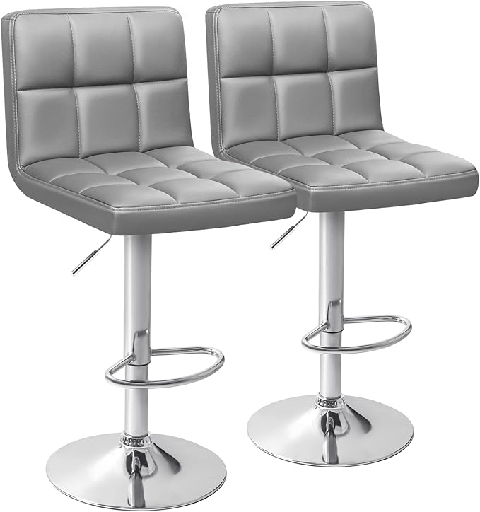Homall Bar Stools Modern PU Leather Adjustable Swivel Barstools, Armless Hydraulic Kitchen Counter Bar Stool Extra Height Square Island Barstool with Back Set of 2 (Leather, Gray)