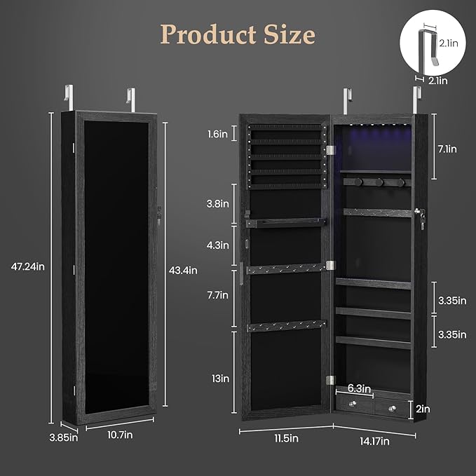 DUMOS Jewelry Armoire Cabinet with Full Length Mirror, 47.2" Tall Wall Mounted or Over the Door Jewelry Organizer with 33 Necklace Hooks, Lockable Large Capacity Jewelry Armoire with Drawers, Black
