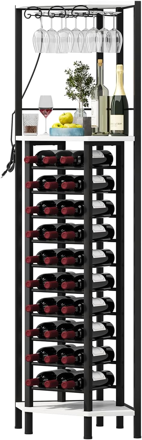 Homeiju Corner Wine Rack with Glass Holder and Led Strip Light, Corner Bar Wine Racks Freestanding Floor, Industrial Corner Bar Cabinet for Kitchen, Dining Room, Living Room or Cellar