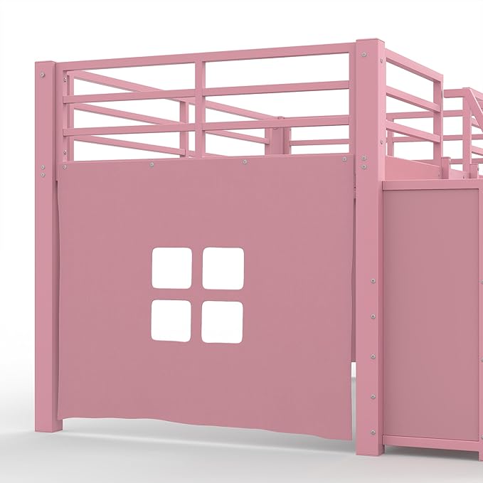 Bellemave Twin Size Loft Bed with 8 Non-Woven Fabric Storage Drawers and Bookshelf, Low Loft Bed with Lights and Private Play Curtain, Twin Loft Beds with High Rails, Noise Reduced Pink