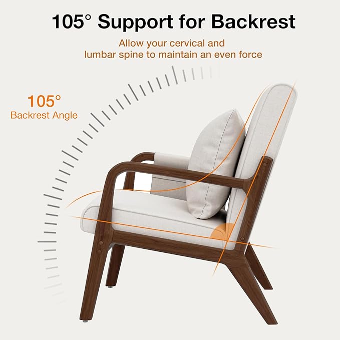 HOMMPA Mid-Century Modern Accent Chair, Comfy Reading Armchair with Solid Wood Frame & Lumbar Pillow, Upholstered Linen Lounge Chair with Side Pocket for Living Room, Bedroom,Balcony(Beige)