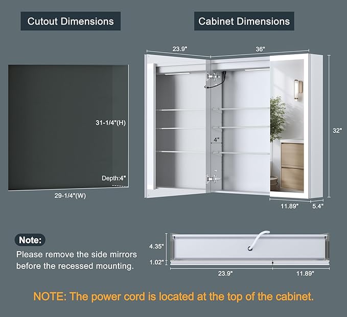 36x32 Inch Lighted Medicine Cabinet with Mirror, AL Alloy, Plug-in or Hardwired, Recessed or Wall Mount, Mirror Doors/3 Colors/Dimmable/Interior Sensor Light/Defog, 2 Outlets&USBs,3 Shelves