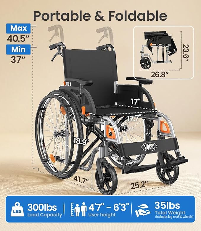 VOCIC Ultra Lightweight Wheelchair for Adults, 23lb Frame Portable Foldable Self-Propelled Wheelchairs for Seniors with Quick Release Wheels, Swing-Away Footrests,Flip-Back Arm, 300 lbs Black